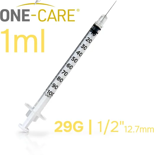 Vista 2 de ONE-CARE Jeringas 1 ml/cc, 29G x 1/2'' (12.7mm), Tapa Naranja, 100/caja