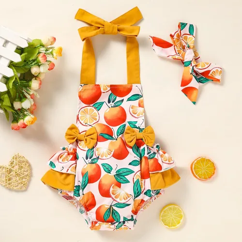 Vista 4 de GRNSHTS Mameluco con volantes para bebés y niñas pequeñas, sin mangas, cuello halter, ropa de verano con diadema