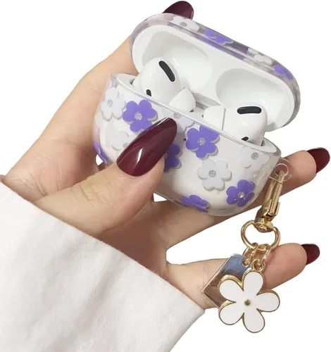 Vista 7 de Funda protectora para AirPods Pro de 1ª generación con llavero, bonita funda protectora para auriculares con flores negras y flores, TPU suave