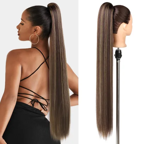 Vista 35 de SEIKEA Extensiones de cola de caballo con cordón, larga y recta, cola de caballo falsa, natural, suave, extensiones de cabello sintético resistente