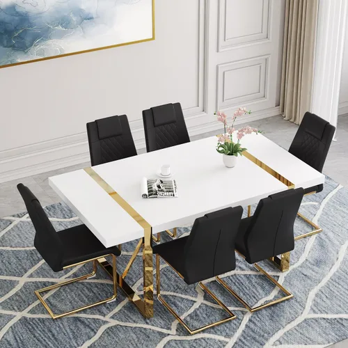 Vista 18 de Juego de mesa de comedor moderna de 55 pulgadas para 4, mesa de comedor negra y marco de metal dorado, mesa de comedor rectangular con 4 sillas