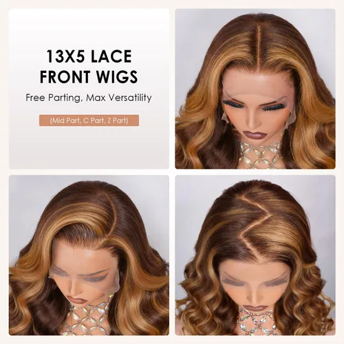 Vista 2 de Pizazz Honey Blonde Lace Front Wigs Human Hair Pre Plucked Natural Hairline 13x4 Glueless Wigs Human Hair 180 Density 4/27 Highlight Body Wave