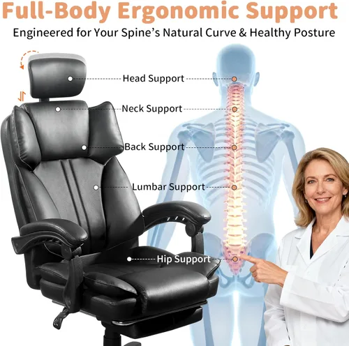 Vista 2 de Silla de oficina grande y alta, cómoda silla ergonómica de cuero para computadora con reposacabezas, respaldo alto, silla ejecutiva reclinable