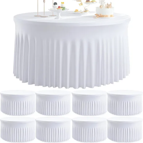 Vista 28 de Paquete de 6 manteles redondos de elastano azul bebé para mesa de 60 pulgadas, manteles elásticos de 120 pulgadas ajustables de 5 pies, manteles