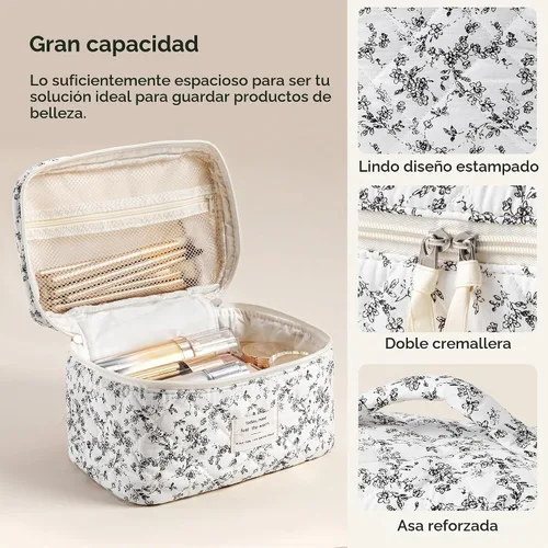 Vista 4 de HBselect Bolsa de Maquillaje Acolchada, Bolsa de Maquillaje Grande de Algodón para Viaje, Lindas Bolsas de Maquillaje con Flores Coquette, Bolsas