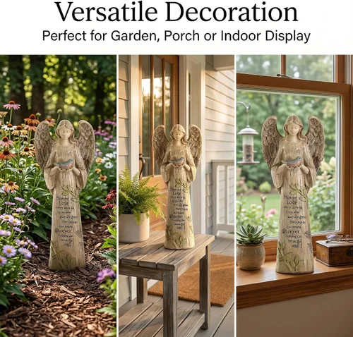 Vista 4 de Estatua de ángel de resina con pájaro, escultura de jardín al aire libre de 10 pulgadas para patio y césped, regalo conmemorativo impermeable