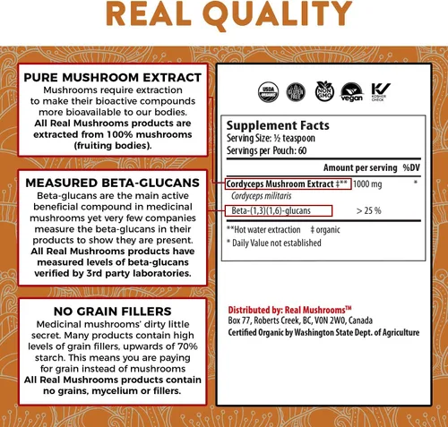 Vista 6 de Real Mushrooms Mezcla de chocolate caliente (15 porciones) y Cordyceps (60 porciones) en polvo – Suplemento en polvo de hongos para energía