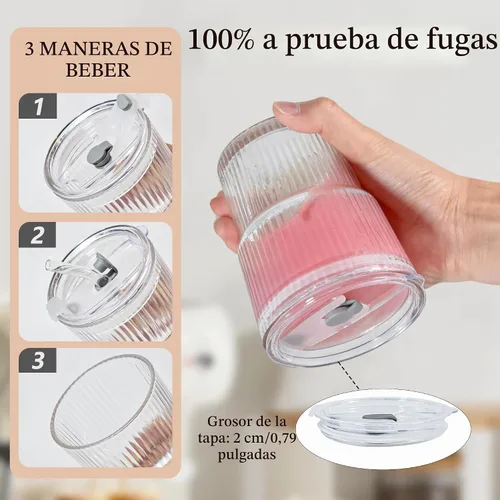 Vista 2 de Juego de 2 vasos de vidrio acanalado con tapas y pajitas de 13 onzas 2 unidades transparentes de 13 onzas