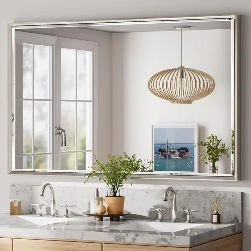 Vista 20 de Espejo de baño negro, espejo de baño biselado de 16 x 24 pulgadas para pared, espejo con marco negro antioxidante para decoración de baño, sala