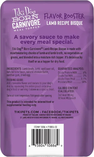 Vista 2 de Tiki Dog Born Carnivore Dog - Golosinas para perros - Bisque - Cordero - Bolsa de 1.5 onzas Dog treats bisque with lamb, 1.5 oz pouch, Tiki Dog