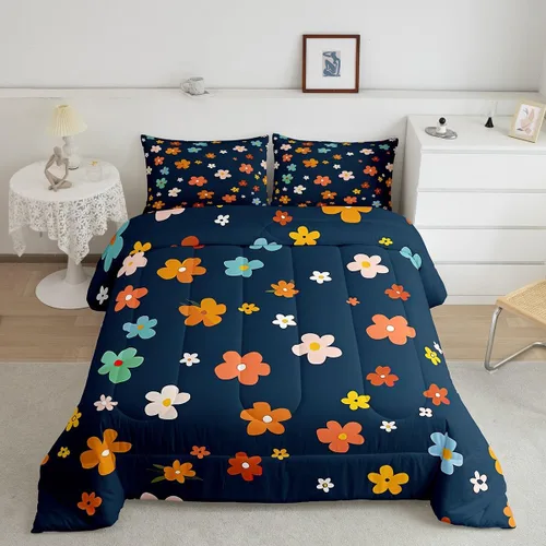 Vista 13 de Lindo juego de edredón de flores para niños y mujeres. Juego de ropa de cama de flores coloridas de dibujos animados, tamaño individual, bonito