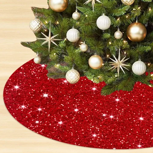 Vista 9 de Faldón para árbol de Navidad con lentejuelas doradas brillantes de 21 pulgadas, faldón de terciopelo con lentejuelas para árboles delgados, collar