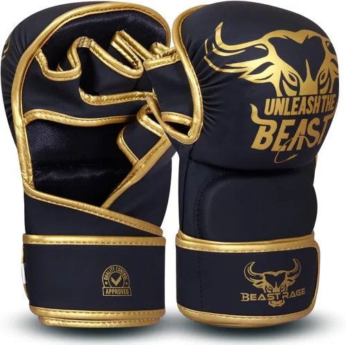 Vista 10 de BEAST RAGE Guantes MMA para Hombres Mujeres, Muñequeras Ajustables de Palma Abierta para Artes Marciales Grappling Sparring para Muay Thai Lucha