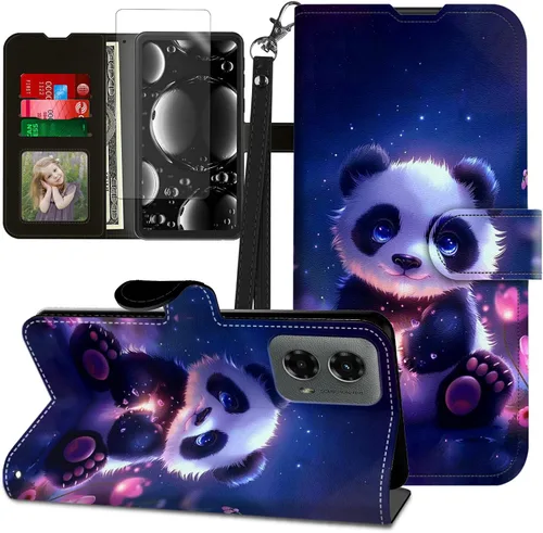 Vista 317 de Funda para Motorola Edge 2022 con protector de pantalla, soporte y tarjetero y correa para la muñeca, funda magnética para Moto Edge 2022 5G UW Lobo