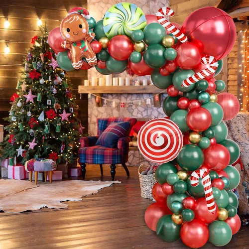 Vista 4 de Kit de Guirnalda de Globos de Navidad, 108 Piezas Globos Retro Verde Oscuro Rojo Oro Arco con Globos 4D, Globos de Caramelo en Forma de Bastón
