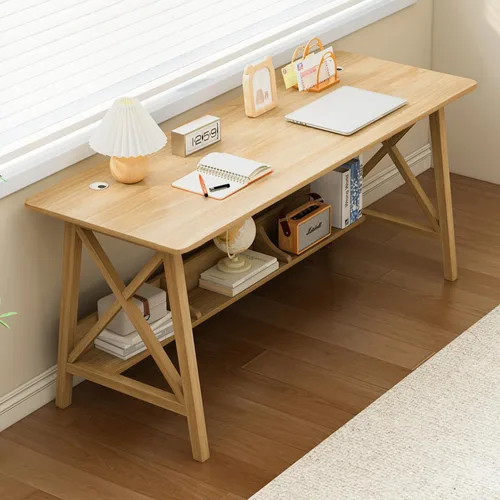 Vista 10 de NELYE Escritorio Extra Largo con Estantería - Mesa de Trabajo de Estudio de Oficina en Casa de Madera, Estación de Trabajo de Computadora de Roble