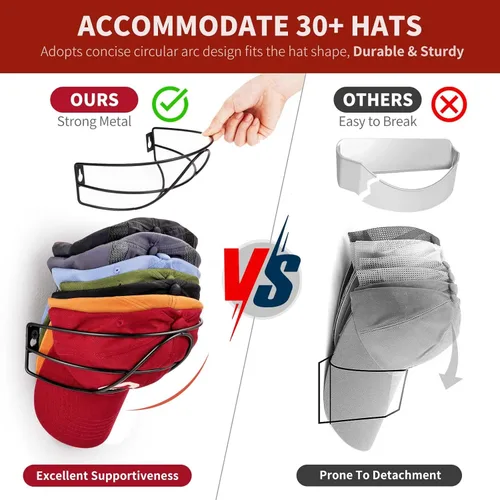 Vista 4 de Livelab Soporte de pared para sombreros, [paquete de 2] organizador de sombreros de metal para gorras de béisbol, soporte para gorras de Negro