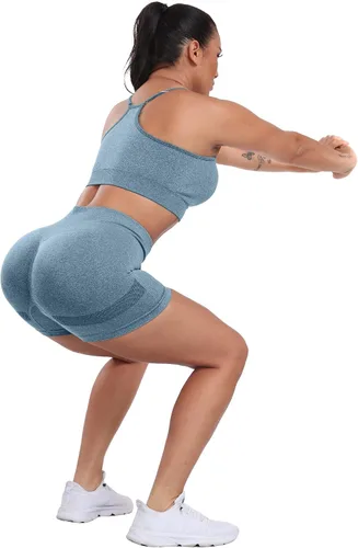 Vista 6 de CHRLEISURE Pantalones Cortos de Entrenamiento para Mujer, 4 Paquetes, Cintura Alta, Levantamiento de Glúteos con Fruncido, Pantalones Cortos Booty