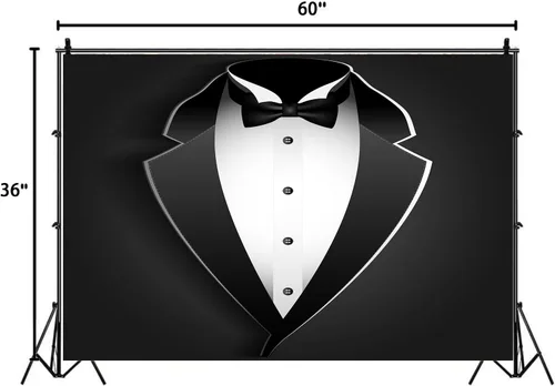 Vista 3 de Telón de fondo para fotos de caballero de 5 x 3 pies para hombre, color negro y blanco, con pajarita para traje de fotografía, fondo de cumpleaños