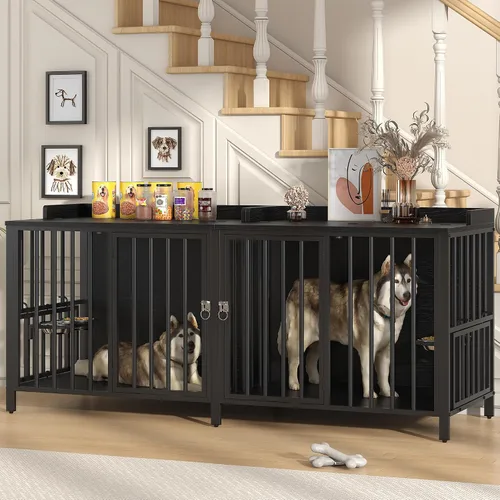 Vista 16 de BOINN Mueble plegable para perros de 41.3 pulgadas, no se ensambla, para perros de interior, jaulas de madera para perros con cuencos giratorios