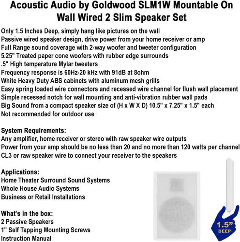 Vista 7 de Acoustic Audio by Goldwood SLM1W - Par de altavoces delgados montables en la pared, para cine en casa, color blanco