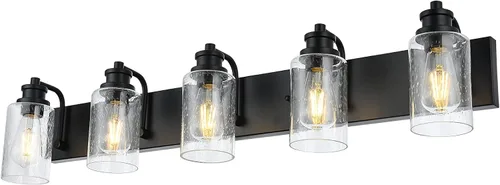 Vista 10 de Lámpara de baño vintage de 3 cabezales en acabado negro mate, pantalla de vidrio transparente clásica, iluminación de baño sobre espejo, lámpara