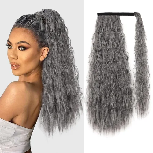 Vista 17 de Extensión de cola de caballo larga con ondas de maíz, pasta mágica, resistente al calor, ondulada, sintética, envolvente, extensión de cola