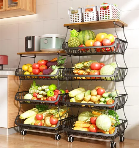 Vista 7 de Cestas de almacenamiento de cocina de 5 niveles con ruedas, cestas de metal para frutas y verduras, carrito de almacenamiento para despensa, carrito