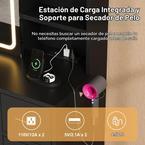 Vista 6 de knoworld - Escritorio de tocador con espejo deslizante y luces LED, mesa de maquillaje inteligente con estación de carga, soporte para secador