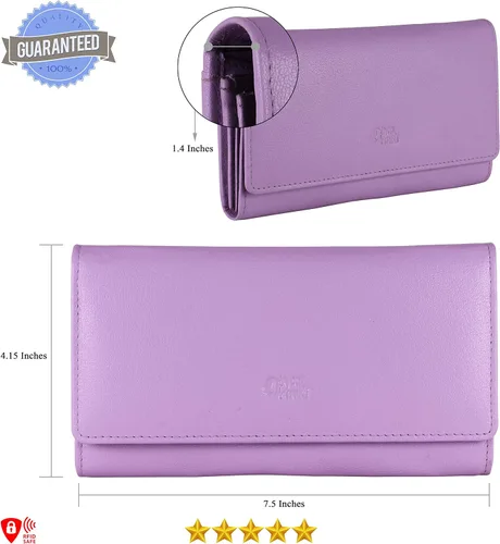 Vista 24 de Mou Meraki - Billetera o bolsa de mano de cuero genuino, con bloqueo de seguridad RFID, con escudo contra el robo de identidad, para mujeres