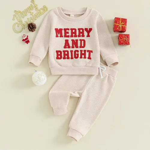 Vista 6 de Dcohmch Conjunto de Navidad para bebé niño y niña, sudadera con estampado de letras, pantalones de jogger, 2 piezas, ropa de otoño e invierno