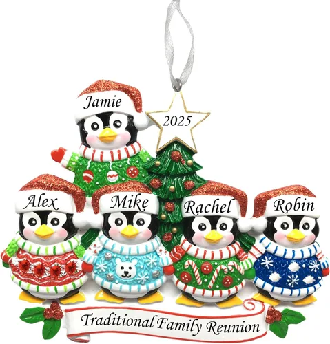 Vista 8 de Adorno de Navidad familiar 2025 – Adorno personalizado para familias – Adorno familiar de pingüinos personalizado – Decoración para árbol de Familia