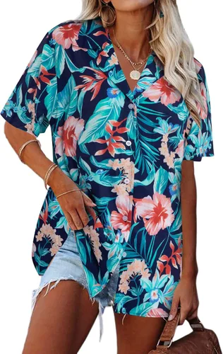Vista 3 de Camisa hawaiana hawaiana para mujer, con hojas florales, camiseta de playa tropical, camisa con botones, camisas de vacaciones de verano