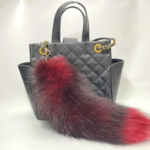 Vista 8 de Forssils Llavero de cola de zorro real, peludo y esponjoso, negro, rojo, blanco, cola de zorro, juguete de cosplay para niños (rojo vino)