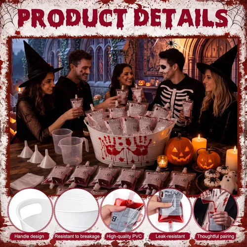 Vista 3 de Qinyoung 44 bolsas de sangre de Halloween para bebidas, bolsas de bebidas