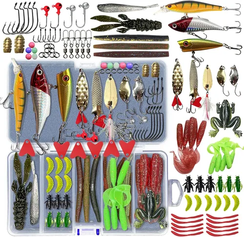 Vista 8 de Kit de señuelos de pesca, incluyendo cebos, anzuelos, palas, lombrices, plomos, ganchos, caja de aparejos y más equipo de pesca para truchas
