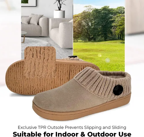 Vista 6 de Clarks Pantuflas de gamuza con cuello de suéter de punto para mujer, forro de piel sintética para interiores y exteriores, suela TPR y plantilla