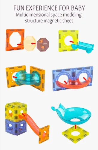 Vista 4 de UNIQUE KIDS Bloques de construcción de azulejos magnéticos con carrera de mármol iluminada y bola LED, juguetes STEM STEAM para niños de 3 a 10 años