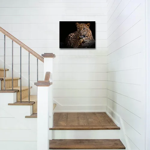 Vista 6 de Impresiones en lienzo de leopardo con fondo negro y vida silvestre dorada, arte de pared de leopardo y guepardo, ilustraciones para baño