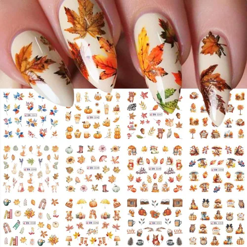 Vista 10 de Calcomanías de arte de uñas de Halloween, calcomanías de transferencia de agua, 12 unidades, calabaza, esqueleto, araña, fantasma, hoja de arce