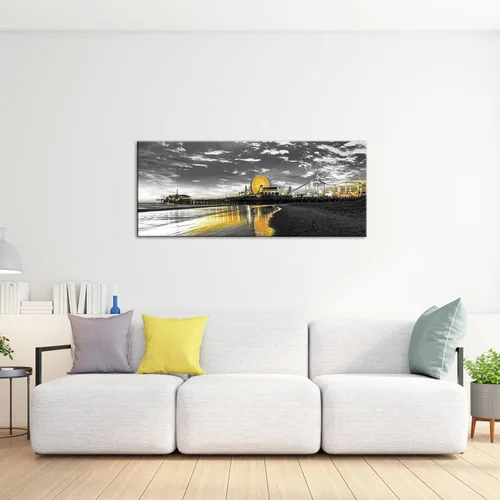 Vista 5 de Conipit Lienzo decorativo gris y amarillo para pared, diseño de muelle de Santa Mónica, imágenes de Los Ángeles, California, rueda de la fortuna