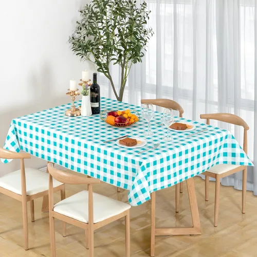 Vista 6 de Mantel de plástico a cuadros verdes y blancos, 60 x 84 pulgadas, vinilo impermeable con reverso de franela para fiestas