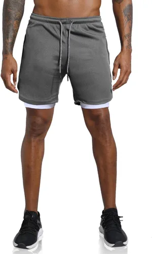 Vista 2 de Leidowei - Shorts 2 en 1, ligeros, de 7 pulgadas y con bolsillos con cierre para hombre, para entrenamiento, correr, hacer yoga y gimnasio