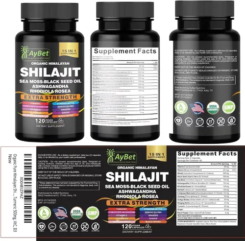 Vista 8 de Shilajit - Cápsulas orgánicas de Shilajit del Himalaya para hombres y mujeres, con musgo marino, aceite de semilla negra, Ashwagandha, Rhodiola