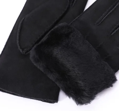 Vista 3 de Harssidanzar Guantes de cuero para hombre, puños de piel de oveja, forro de lana gruesa para invierno, clima frío, guantes de conducción KM043US