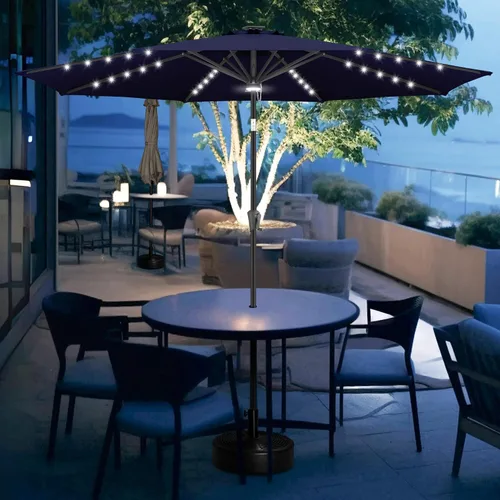 Vista 7 de FLAME&SHADE Sombrilla de exterior de 9 pies con 40 luces LED, sombrilla de patio con luz solar y luz envolvente central, sombrilla de mercado