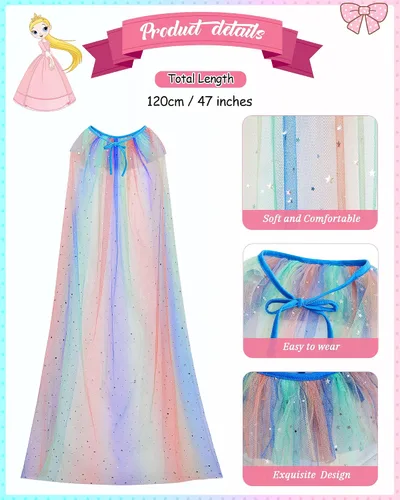 Vista 2 de Jecery 4 capas de princesa para niños, capa de tul de hada, disfraz de princesa para niñas, cosplay, fiesta de cumpleaños, disfraz de Halloween, 4