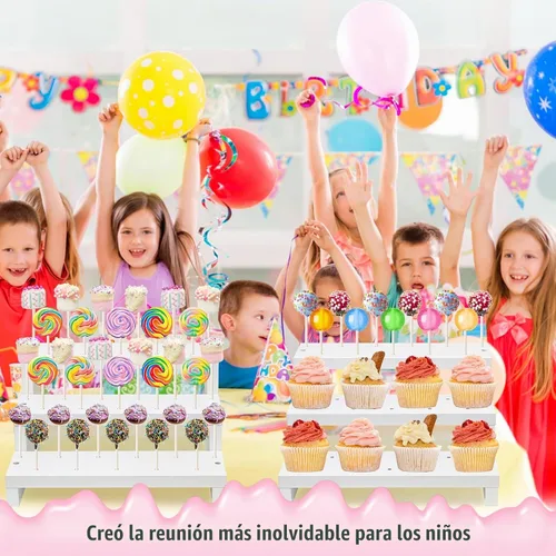Vista 4 de Soporte de madera para piruletas de pastel, soporte de exhibición de 3 niveles, blanco, con 33 agujeros, soporte para piruletas con lazos