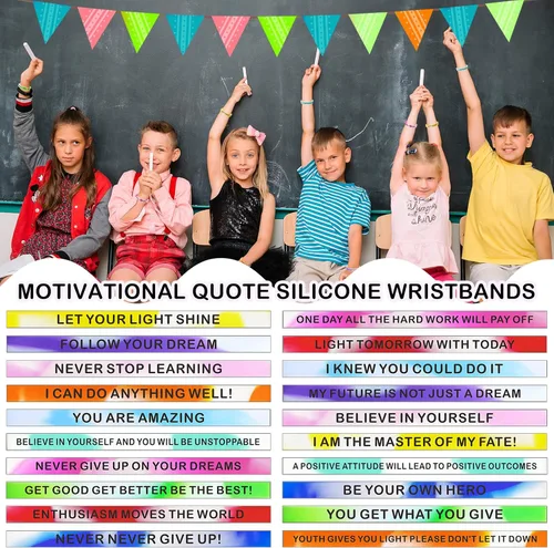 Vista 3 de Pulseras de silicona con cita motivacional, pulseras de goma inspiradoras de colores, pulseras elásticas unisex para niños y adolescentes, 20