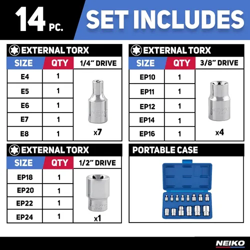 Vista 7 de NEIKO 04300A E-Torx Juego de Zócalos, 14 Piezas, Toma Torx Externa, E4 a E24, 1/4", 3/8" y 1/2" Unidad, Torx Externo Hembra, Torx Invertido, Acero